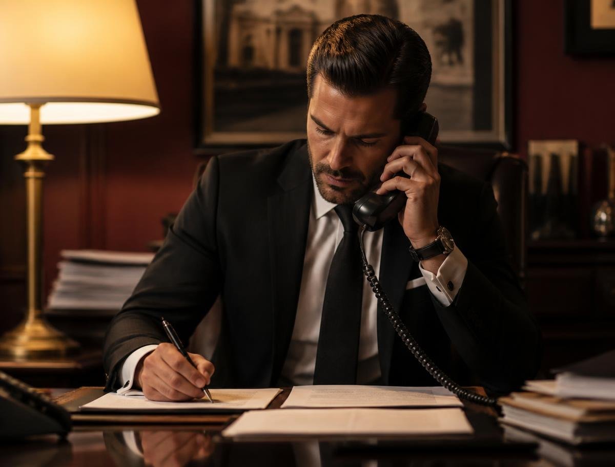 Licensed bail bond agent preparing bail paperwork by phone at night