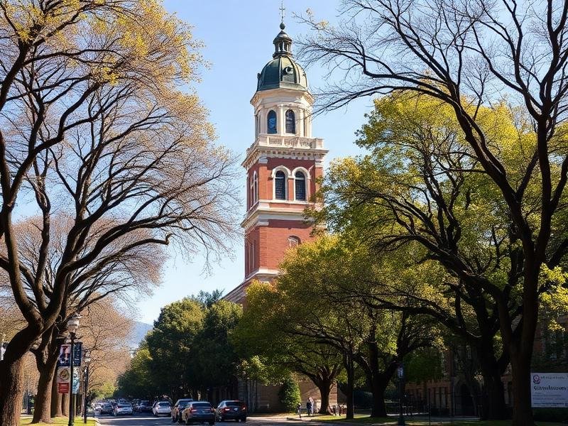 Berkeley California campus tower and tree lined street
