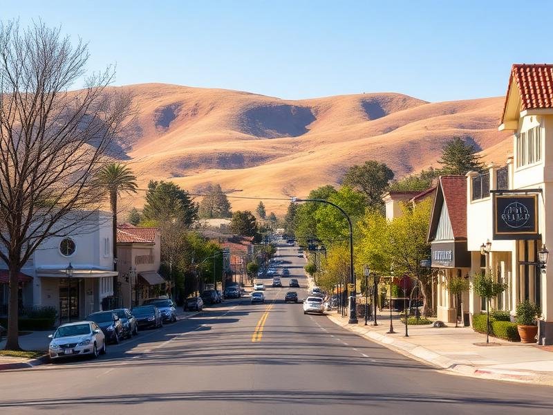 Fairfield California downtown street with golden hills behind