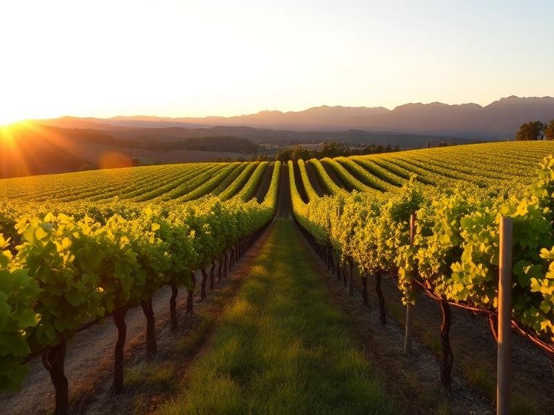 Napa County vineyard rows at golden hour