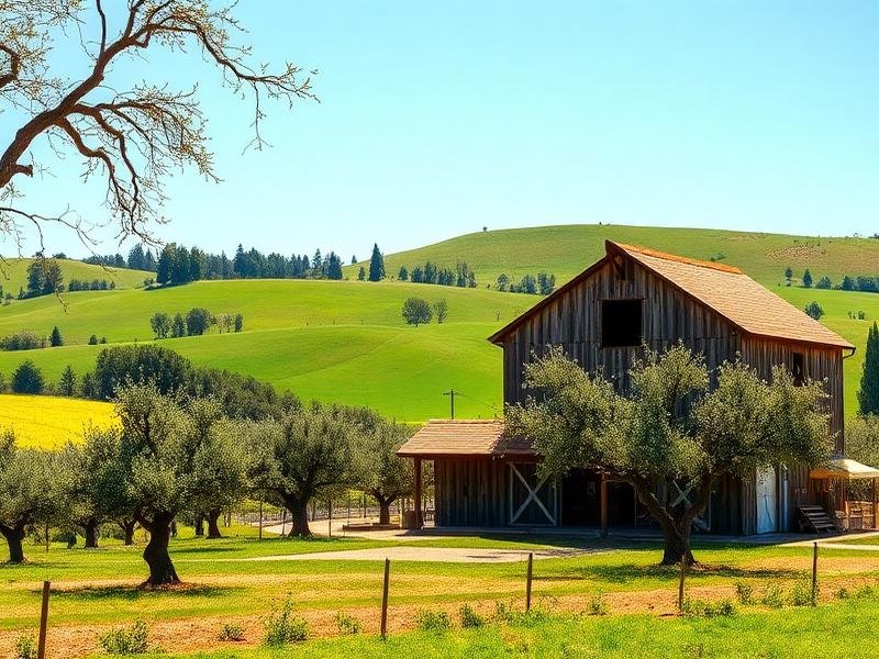 Sonoma County barn, olive trees and green hills