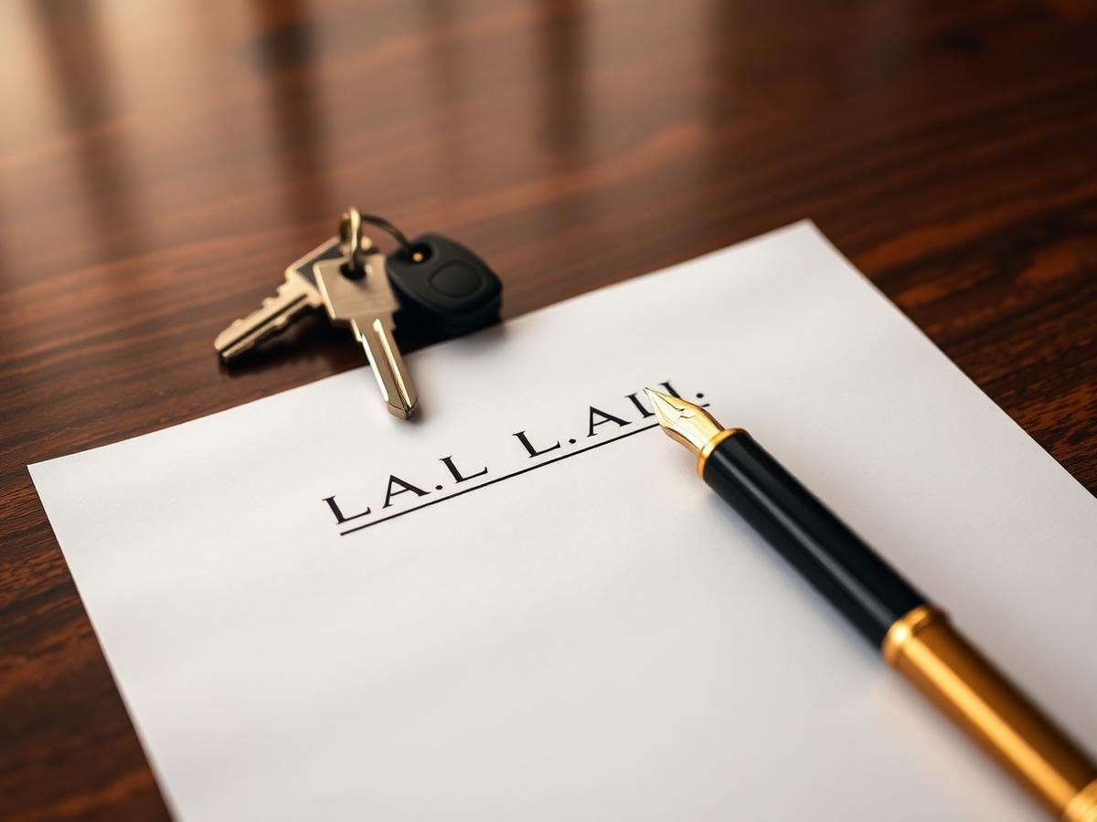 Property keys and blank bail bond paperwork on a walnut desk