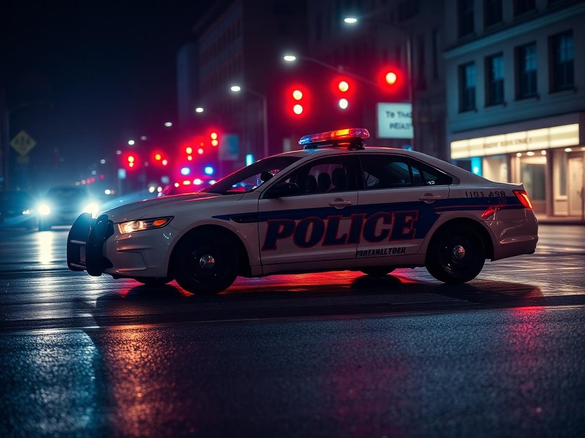 Police patrol car at night in San Mateo County, California