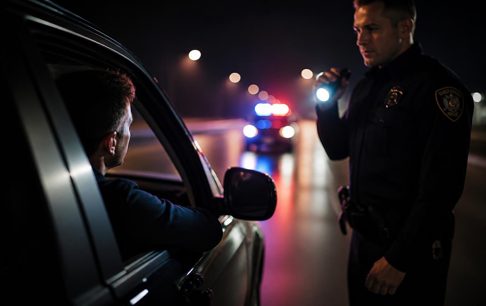 Police patrol lights at a DUI stop in San Mateo County, California